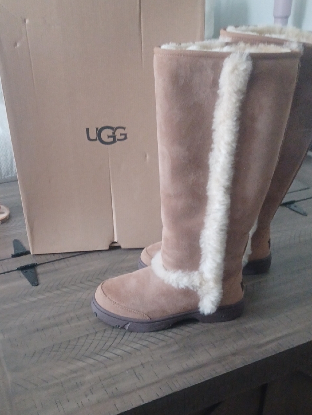 UGG Chestnut Tall Suede Boots with Cream Shearling Trim